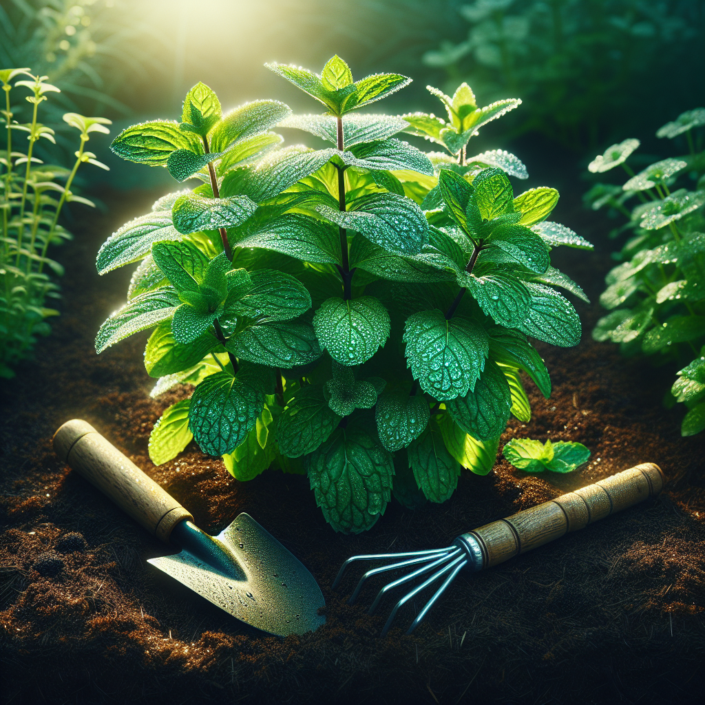 Generate an image of healthy, vibrant mint plants standing tall in a small garden plot, showing leaves shimmering with dewdrops under the gentle light of the early morning sun. An eco-friendly, non-branded gardening tool lies nearby. The ground around the mint plants has a protective layer of organic mulch, showcasing a preventive approach against rust fungi. Include other complementary plants in the surrounding area, contributing to a diverse and healthy ecosystem. The scene exudes the freshness of a well-maintained herb garden free from any signs of disease or fungal infestation.