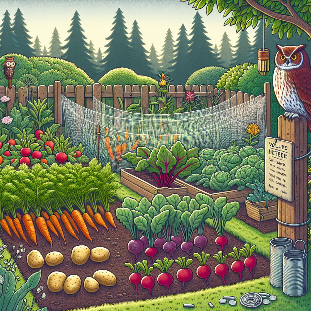 An illustration of a vegetable garden, vibrant and lush with a variety of root vegetables like carrots, beetroots, potatoes, and radishes visibly growing. In the image, there are non-lethal vole deterrent methods repressing voles: A net is set up around the garden while an owl scarecrow watches over from a wooden post. A tin can wind chime hangs from a nearby tree serving as a noise deterrent. There are no people, texts, or brand logos present in the image.