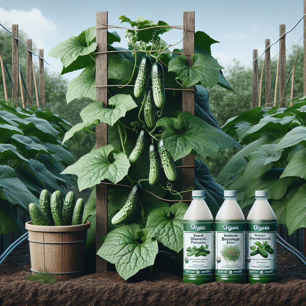 An organic garden scene showcasing cucumbers growing on a trellis, while being protected from bacterial wilt using non-brand specific, organic farming techniques. The image includes healthy cucumber plants staked on a wooden trellis, displaying vibrant green leaves and tendrils reaching for the trellis. The soil beneath the trellis appears rich and well-tended. Nearby, there are bottles of organic fertilizers and natural pesticides without any brand labels. No human presence should be included. The overall vibe of the picture conveys a healthy, well-managed vegetable garden and the efforts taken to prevent disease.