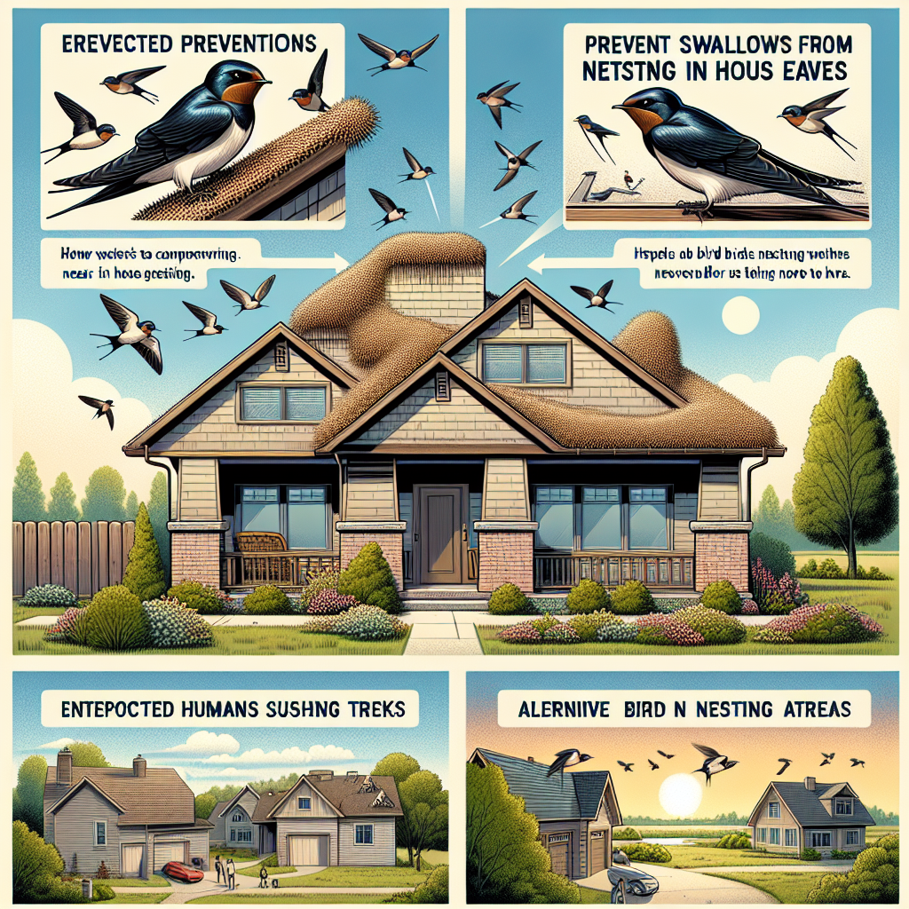 An illustrative image that shows techniques to prevent swallows from nesting in house eaves. There are no people present in the scene. On a sunny day, a suburban house showcases neatly maintained eaves with no bird nests. Employed preventions such reps shock tracks or bird netting can be noticed, showcasing how humans can coexist with birds in suburban areas without letting them nest uncomfortably near their homes. Additionally, the presence of alternative bird nesting areas such as a distant tree only help to emphasize the idea. Remember, there's no text, brand logos, or people visible anywhere in the image.