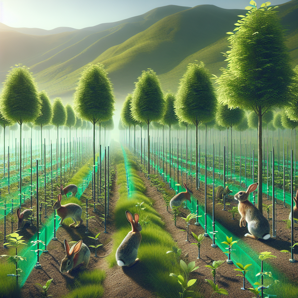Illustrate an image of verdant, young trees protected by an innovative device or system, designed to deter rabbits from nibbling on them. Rabbits are portrayed attempting to approach the trees but are deterred by the device. The image should communicate a sense of tranquility, symbiosis, and effectiveness of the deterrence system. No people, logos, or brands should be visible in the image, just the serene landscape brimming with trees and rabbits.
