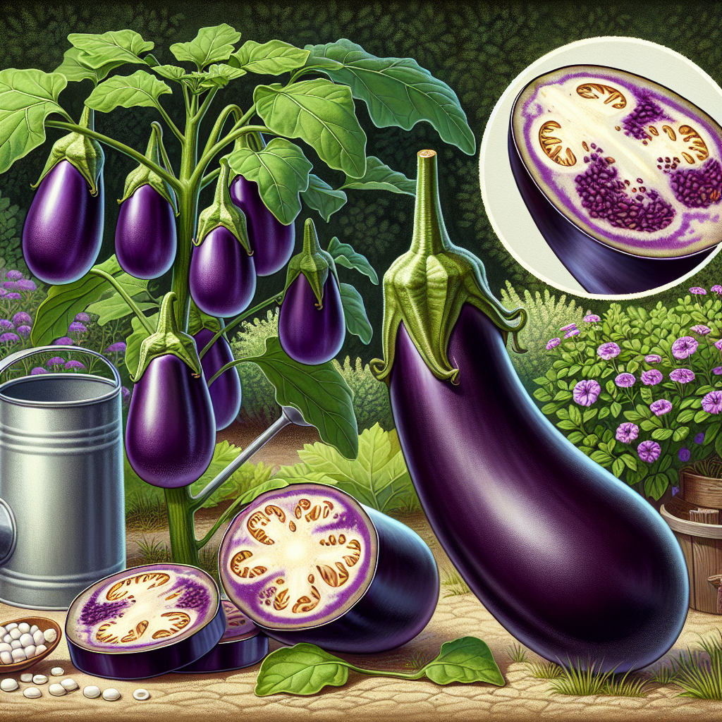 A healthy, vibrant eggplant growing in a lush garden, displaying its glossy deep-purple skin. Beside it, a cutaway view of another eggplant reveals the firm, seed-speckled flesh inside. Displayed are calcium supplements, a watering can, and a balanced pH soil, representing the needed care for an eggplant's development. Lastly, a depiction of an eggplant with blossom end rot contrasts with the healthy ones, characterized by its blackened, shriveled end.