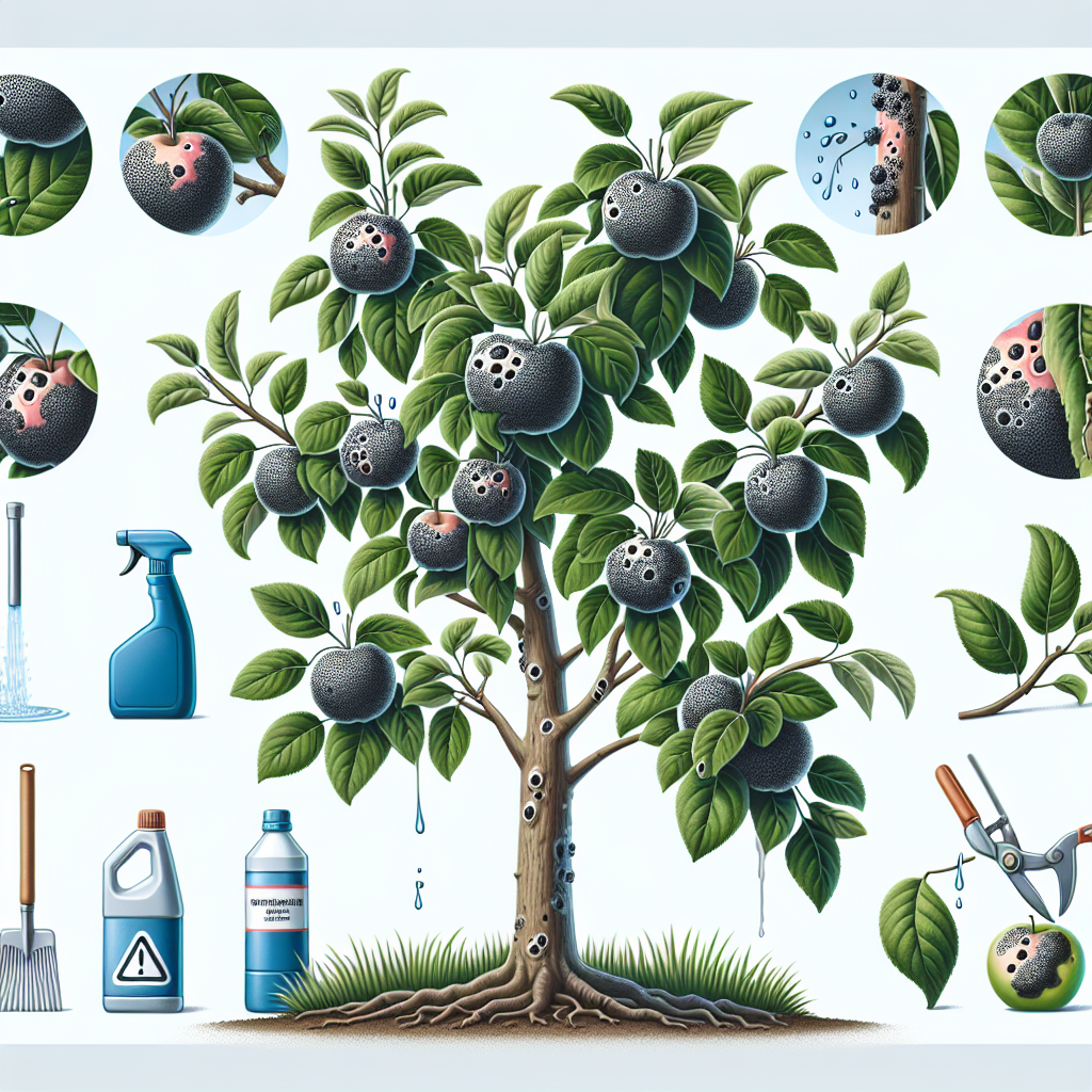 A detailed illustration of an apple tree afflicted by Black Spot Disease with distinctive greyish-black spots on the leaves and fruits. Adjacent, there are clear and distinct pictures of preventive measures, such as watering at the base, pruning affected areas, and using eco-friendly fungicides. Illustrate these measures without the presence of any human figures or brand names. There is a bright blue sky in the background, which contrasts the severity of the disease.