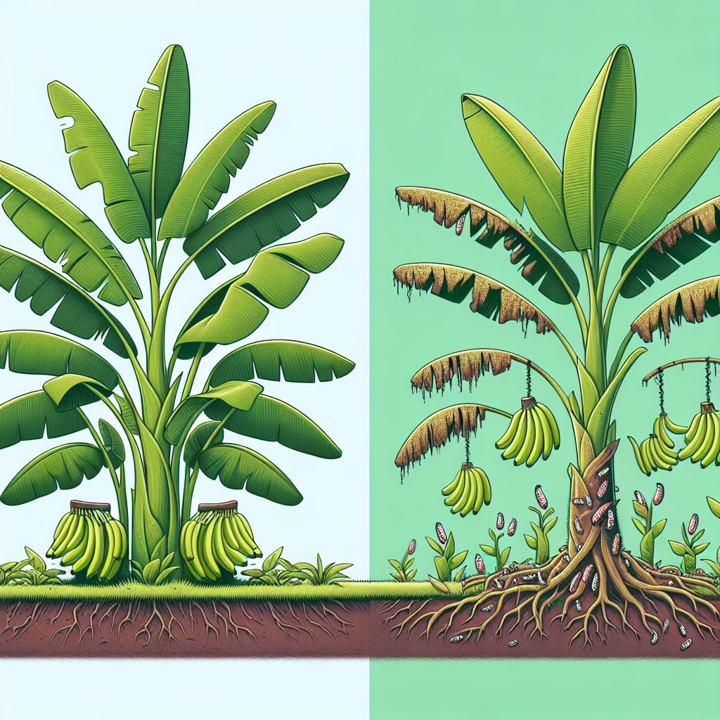 An illustration showing two contrasting scenes on either half. On one side, depict a healthy banana plantation with tall, thriving banana plants showcasing their large green leaves and hanging bunches of bananas. On the other side, depict a damaged banana plantation with wilted leaves and stunted growth caused by banana weevils. No logos, brand names, or text should be present in the image. There should be banana weevils clearly visible near the base of the banana plants on the damaged side.