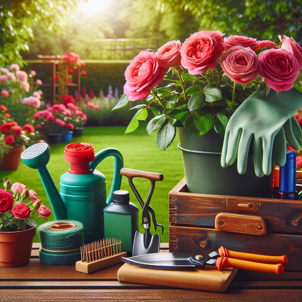 An image capturing the essence of rose care against Black Spot Disease without depicting any humans. The scene showcases healthy vibrant roses in full bloom in the foreground. In the background, one can see a gardener's toolbox equipped with organic fungicides, gardening gloves, a small pruning shear, and a watering can. Everything is set against a serene garden backdrop without any brand names or logos.
