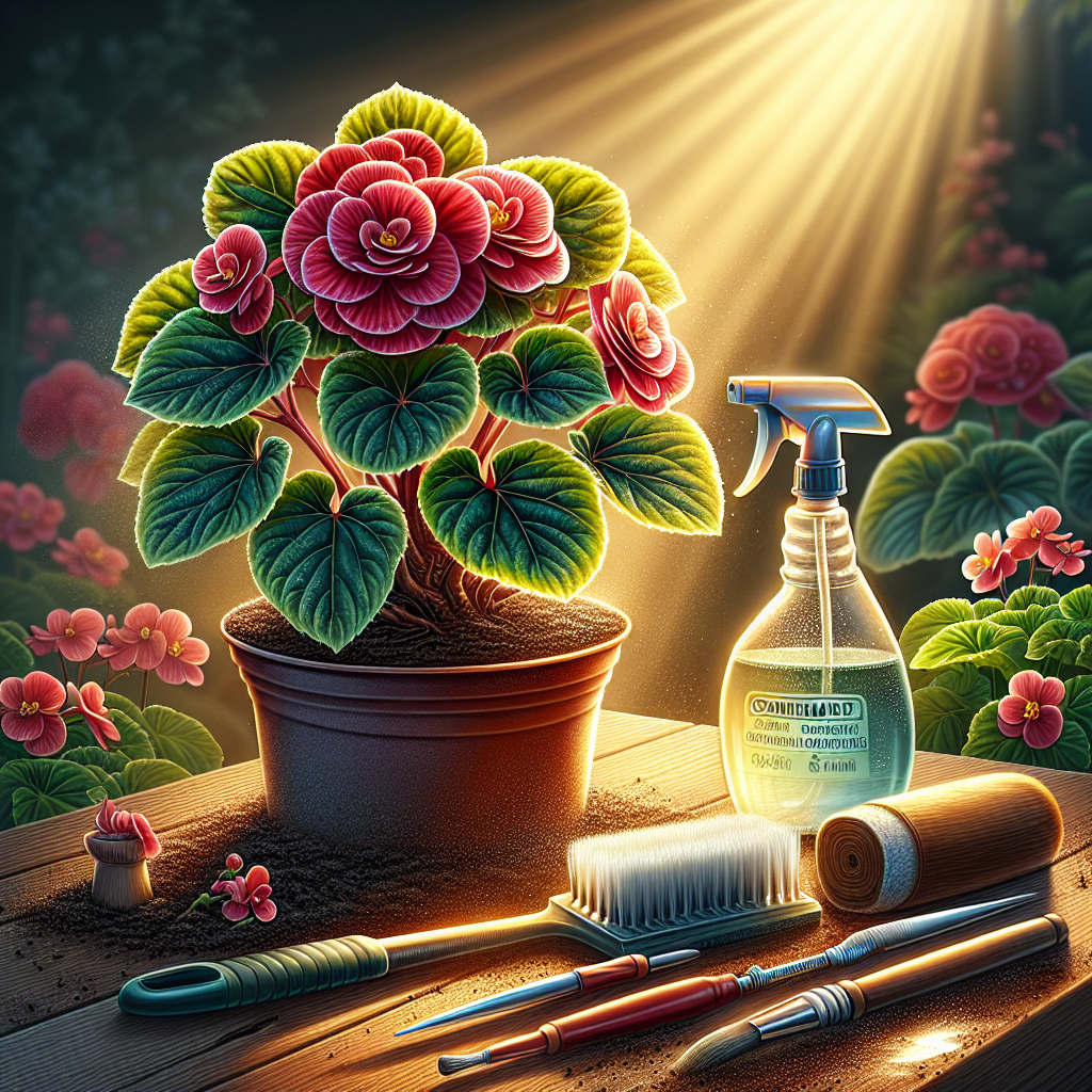 A detailed image vividly depicting a healthy, vibrant Begonia plant flourishing in a well-cared-for garden setting. Sunlight should be softly highlighting its rich, core details. Nearby, various gardening tools like a small, handheld brush and a spray bottle filled with homemade, non-branded organic solution should be arranged in an organised manner. To signify prevention of leaf spot disease, show some leaves with a transparent safety shield around them. Remember, no people, brand names, logos or text should be present in the image.