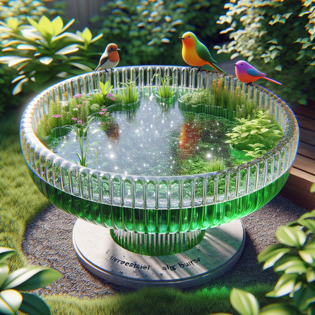 An image showcasing a crystal clear bird bath nestled in a green garden, it's interesting design prevents algae buildup. The bird bath is surrounded by vibrant and healthy plants. Water is sparkling under the sun but there's no trace of green algae in it. Nearby, a couple of brightly colored birds are waiting on a branch to enjoy the clean water. The image centers on the innovative, safe bird bath, displaying how its construction naturally discourages algae growth, maintaining a clean and fresh environment for the birds without any human interference.