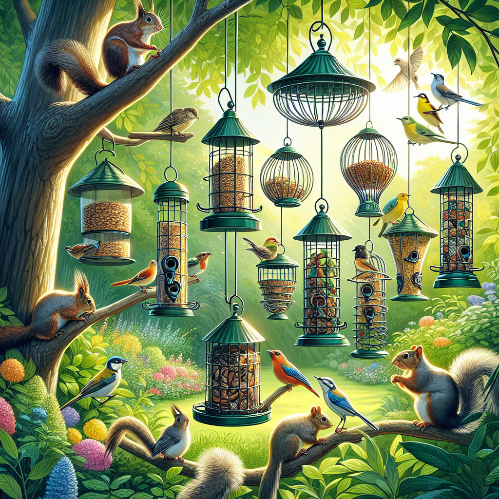 Illustration of a tranquil garden scene showcasing a variety of ingenious, unbranded bird feeders, meticulously designed to deter squirrels. The feeders hang from tree branches, their clever designs evident in curvy shapes and metal baffles. Many vibrant birds, varying in types and colors, are joyously feeding from the feeders, while several frustrated squirrels look on from a safe distance. The sun filters through the verdant foliage, showering the setting in a warm, serene light. No people or brand names are included in this picturesque depiction.