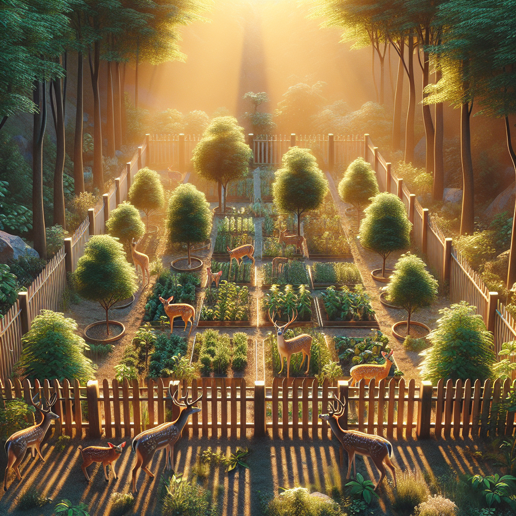 Such an image should depict a garden-like setting where deer are present but kept at bay from young saplings. The saplings are healthy and vibrant, surrounded by preventative measures such as physical barriers like a wooden or metal fence, or natural repellents like specific plants known to deter deer. The sun is falling in golden hues across the scenario setting a tranquil yet secure mood. There are multiple deer depicted, curiously observing the saplings from the other side of the preventive measures but unable to reach them.
