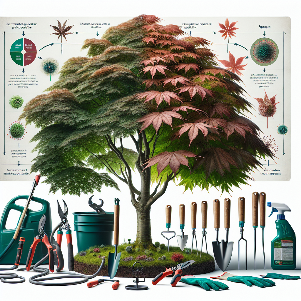 An illustrious, healthy Japanese maple tree with verdant leaves stands boldly. Nearby, another maple appears stricken with Verticillium wilt, its leaves wilting and exhibiting brown discoloration. In between the trees, there are various gardening tools like pruners, sprayers, and gloves, staged ready for use. No brand names on the tools. In the background, a chart diagram explaining the life cycle of Verticillium wilt and measures to combat it is displayed. Ensure the image is void of people, text on any of the items, brands or logos, and textual explanation for the image.