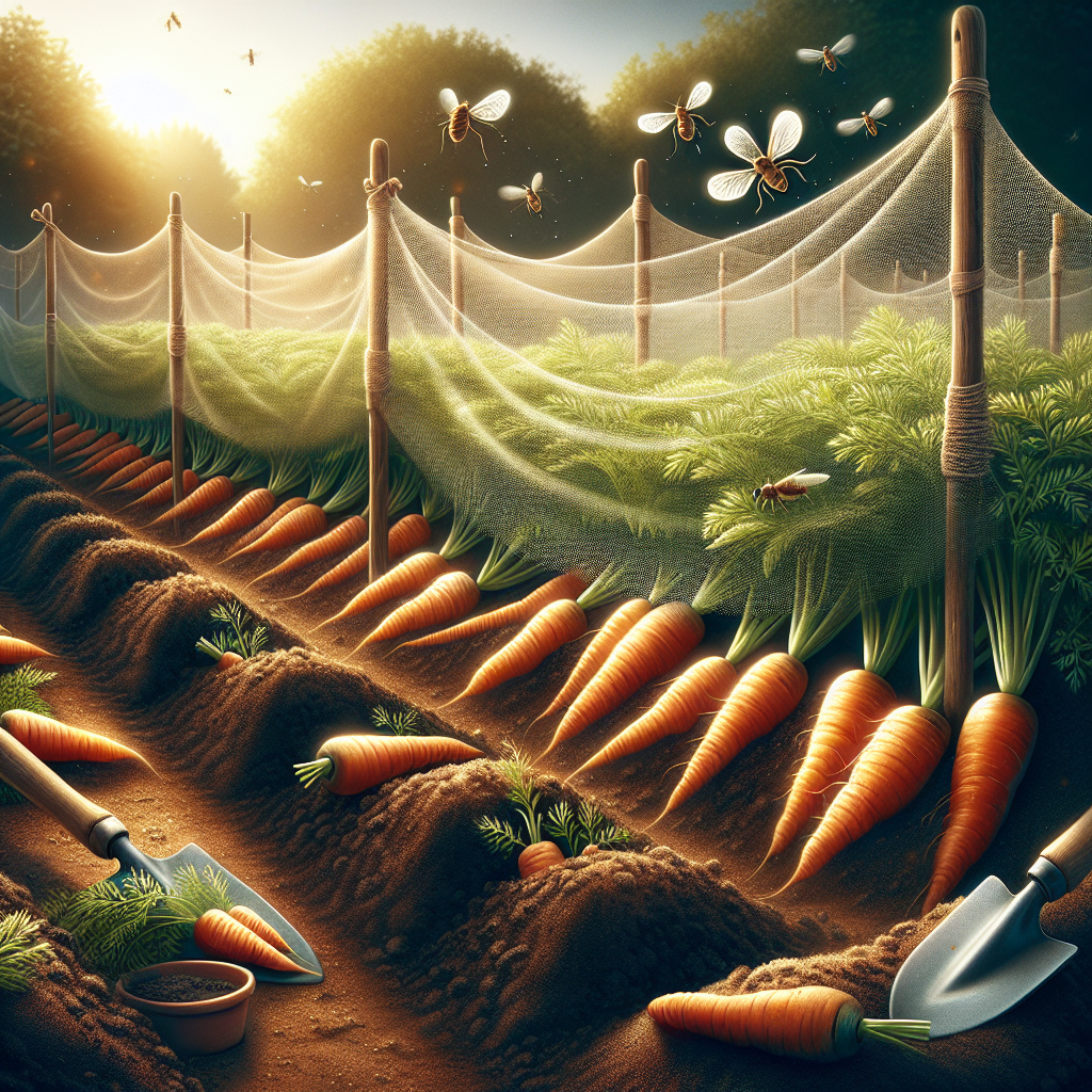 A garden flourishing with healthy, radiant orange carrots nestled neatly in rows of dark, nourishing soil. Nearby drift protective nets, softly waving in the light breeze, symbolizing defense against pests. Hovering in the peripheral of the garden, a few Parsnip Flies are seen, their trajectory diverted by the protective nets. Among the garden tools, a trowel and a small watering can are seen, reinforcing the concept of care and protection of these precious vegetables. All around, the garden glows under the warm sunlight, creating an atmosphere of growth and nurturing.