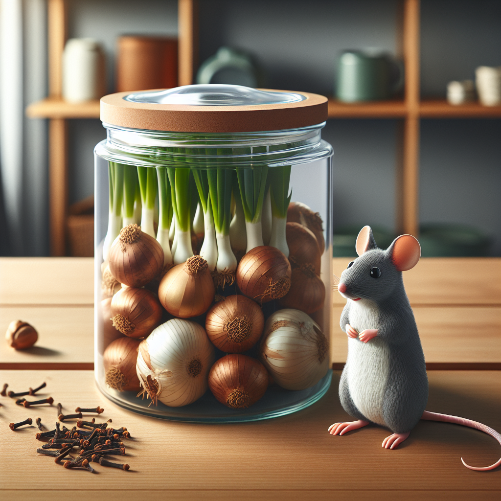 Create an image is being represented: An assortment of flower bulbs safely stored in a transparent glass container with a sealed lid. Make sure the container is resting upon a wooden table in a well-lit room. Inside the jar, natural deterrents like peppermint leaves and cloves are visible among the bulbs to deter rodents. Finally, to reinforce the idea of deterrence without people, perhaps show a cartoon-like mouse standing on its hind legs, looking disappointed or deterred on the wooden table. No brand names, logos or text should be visible in the image.