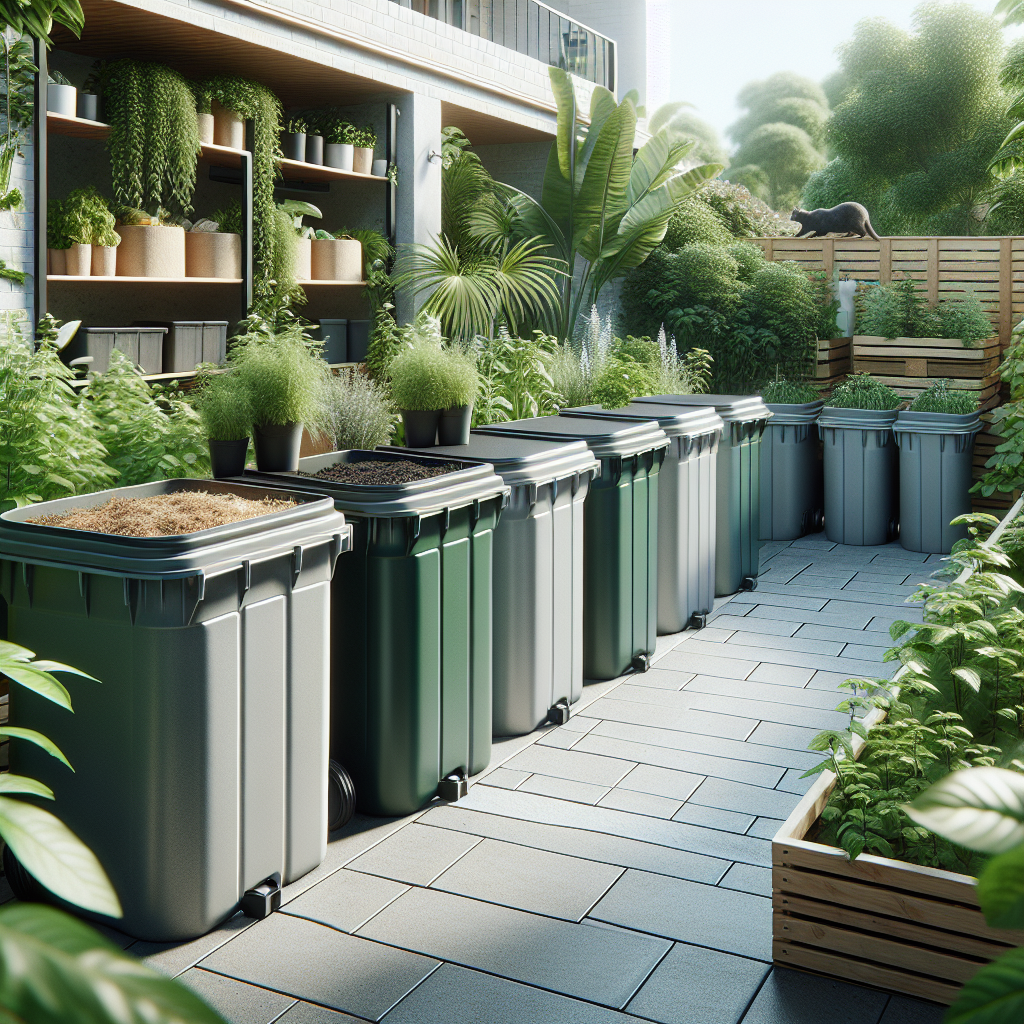 A clean and well-structured backyard view showing a row of compost bins. The bins are made of eco-friendly materials and have secure lids. Around the bins, plants are verdant, indicating the healthy nature of the compost. Common methods of deterring rats are subtly included, such as a cat prowling in the background or mint plants growing nearby. There's no human presence, brand names, or logos visible in the scene. The atmosphere is peaceful and productive, inviting viewers to replicate such an effective compost system in their own backyards.