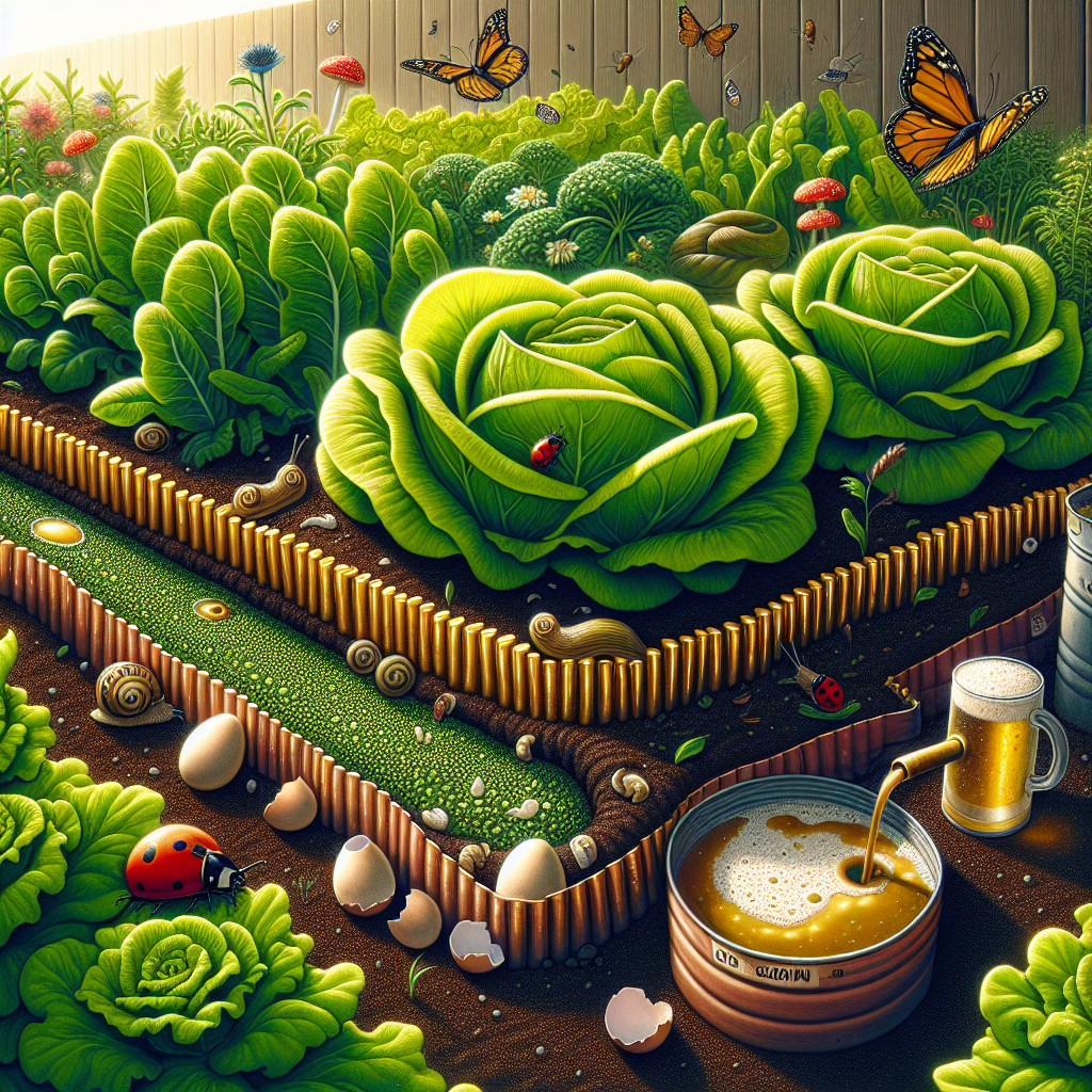 A detailed scene of a flourishing vegetable garden. In the foreground, there's a variety of leafy-green lettuces, healthy and vibrant, basking under a mild sun. A solid barrier of crushed eggshells surrounds these lettuces acting as a deterrent against slugs and snails. A few friendly creatures such as ladybugs and butterflies flutter about, contributing to a balanced ecosystem. A copper strip circles the entire bed, reflecting the sun's shimmering rays, and is another method preventing slugs and snails. A DIY water-filled pit trap for slugs and snails is visible, full of beer to attract these pests. Despite the deterrents, a slug is seen, puzzled and halted at the boundary of the eggshell barrier.