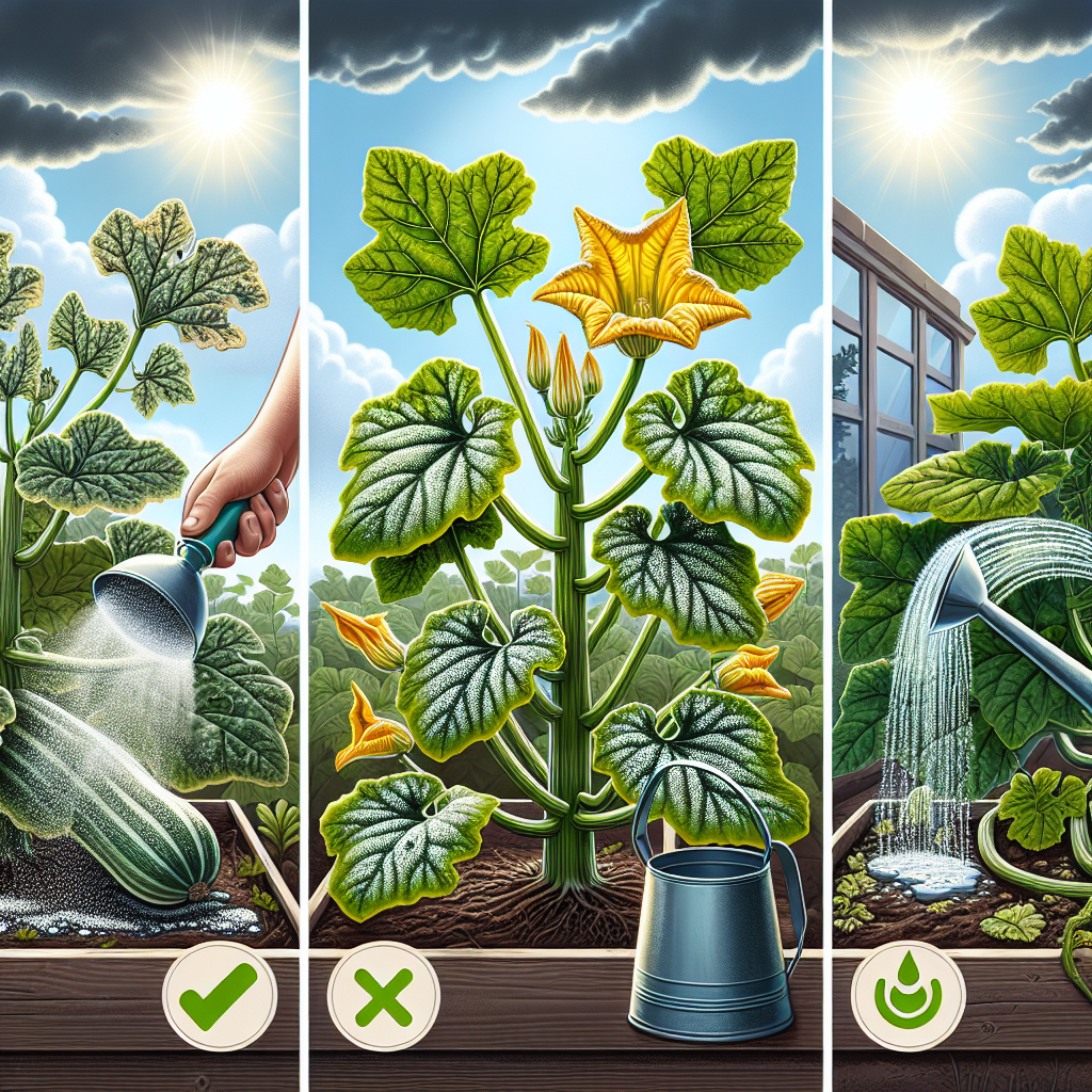 An image showcasing several strategies to prevent powdery mildew on zucchini plants, without any people in the scene. In the forefront, a healthy zucchini plant free of white or gray powdery spots is pictured, with its wide leaves and bright yellow flowers. On the left, there's an example of a plant receiving proper spacing and air circulation, avoiding overcrowded garden spaces. On the right, there's a plant being watered at the base, careful to avoid wetting the leaves and encouraging the fungus. In the background, a garden is seen under the gleaming sun suggesting regular solar exposure. No text or brand logos are present.