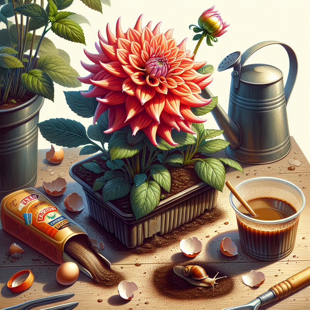 A close-up depiction of a beautiful dahlia flower in full bloom, bright and vibrant in color. A small slug can be seen nearby, but barriers like eggshells and a small tin-foil strip have been placed around the base of the plant. Diluted coffee, popular as a DIY slug repellant, is sprinkled around. A pair of gardening gloves and a watering can lie nearby, indicating tending activity. The environment is outdoors, with sunlight partially illuminating the scene, and other plants can be vaguely seen in the background.