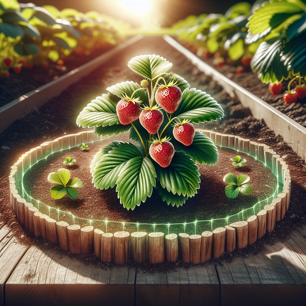 Depict a healthy and thriving strawberry plant in a well-maintained, sunlit garden. The plant should exhibit bright green leaves and juicy red strawberries. Near the plant, show a simple protective barrier like mulch spread around it to prevent crown rot. The image should convey the essential practices of gardening, symbolizing strategies to guard against crown rot in strawberries, including properly spacing plants, promoting good drainage with raised beds, and using clean planting stock. The overall scene should evoke the concept of careful, attentive gardening without the presence of people or text.