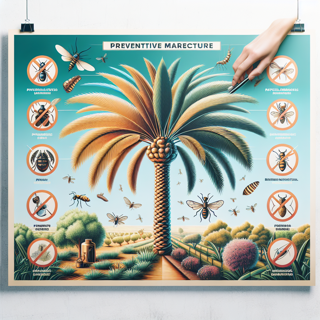 An illustrative image focusing on preventive measures against a specific pest affecting the Canary Island Date Palm. The picture should vividly depict a healthy, lush Canary Island Date Palm, free of any infestations. Beside it, include visual symbols of practical prevention strategies such as natural insecticides and biological predators of the pest. The overall tone of the image should be hopeful and solution-oriented, emphasising the possibility of successful mitigation. Please ensure that no people, text, or branded elements are included in the image.