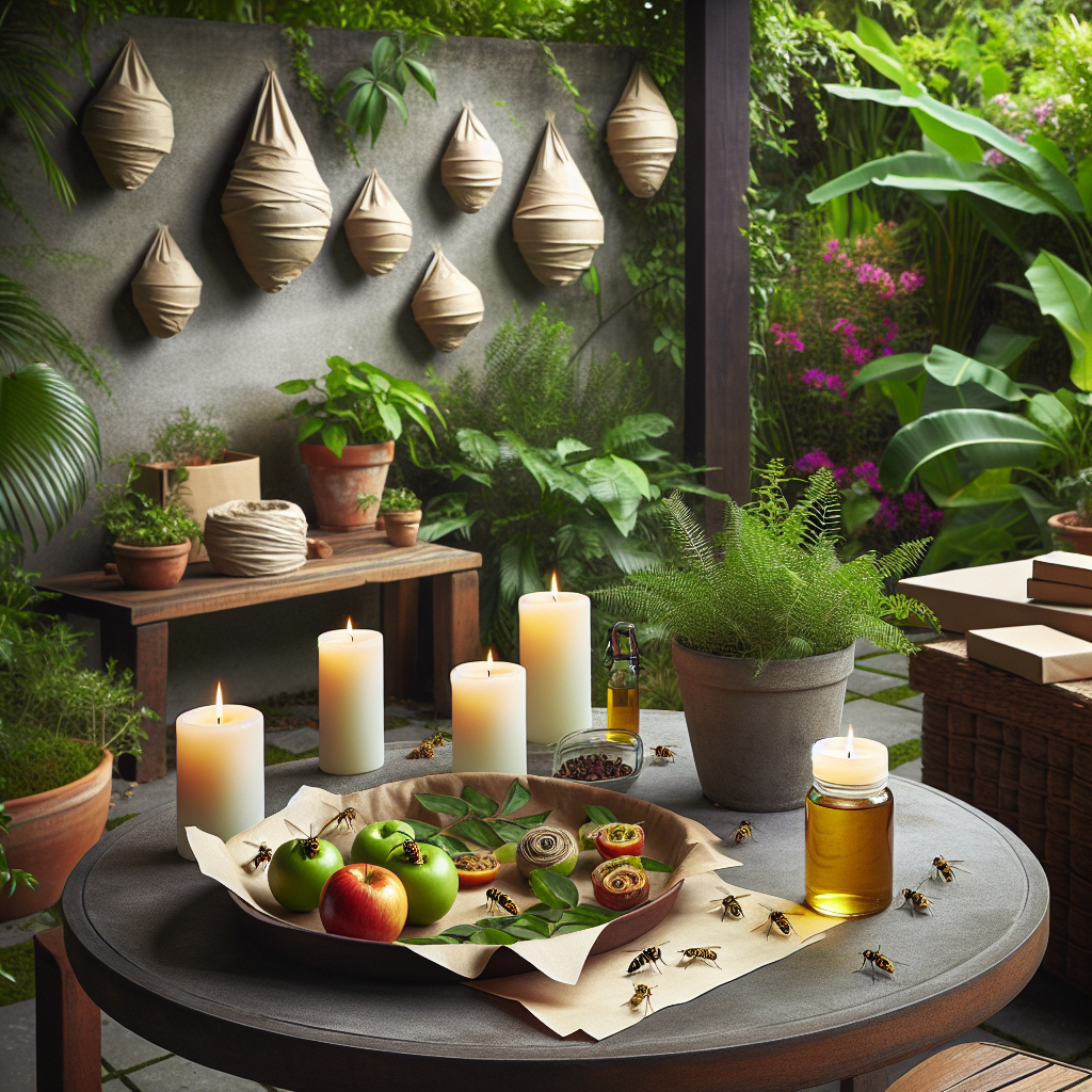 A tranquil outdoor area with lush, well-maintained greenery. To keep wasps away, a few natural deterrents are subtly placed throughout the scene. Citronella candles, scattered throughout the area, give off a gentle glow. A couple of pieces of clove-studded fruit sit innocently on a table, their fragrant spice deterring the tiny invaders. Paper bag 'nests', painted in a neutral color to blend with the surroundings, hang from various spots, tricking wasps into believing the territory is already claimed. A faint hint of peppermint oil, invisible but distinctly present, completes the scene. No people are present, and there is no text or brand names.