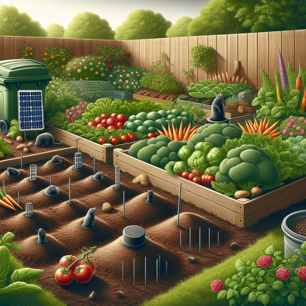 An image depicting a verdant vegetable garden full of various types of vegetables like tomatoes, carrots and broccoli. Some strategically placed mole deterrents such as solar-powered spikes and biodegradable mole repellent granules can be seen scattered throughout the garden. Little molehill-like disturbances in the soil indicate the presence of moles, yet they keep a conspicuous distance from the deterrents. A nearby compost bin adds to the organic vibe of the scene. The backdrop consists of a wooden fence, and the setting is a clear, sunny day, illustrating a tranquil, mole-free garden situation.