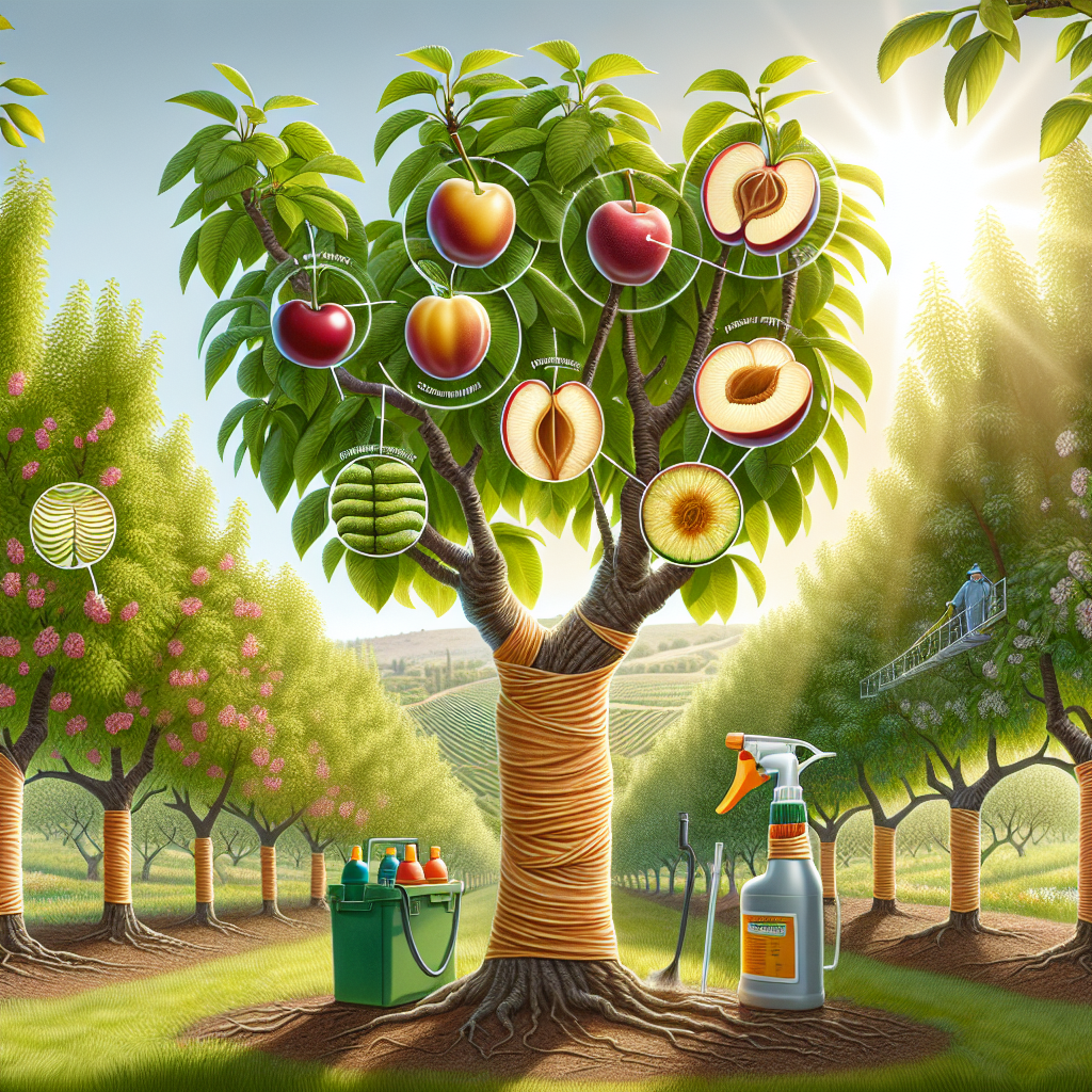 An illustrative visual about preventive measures for Gummosis in Cherry and Plum trees. The image depicts healthy plum and cherry trees in a picturesque orchard setting, sunlight filtering through the leaves. At various points on the trees, protective covers or bandages are wrapped around the trunks and branches signifying preventive measures. Further ahead, a sprayer filled with organic pesticides stands ready for use. Foregrounded is a magnified image of a cross-section of the tree highlighting the layers of the trunk as healthy, void of any Gummosis disease signs. There are no people, text or brands shown in this image.