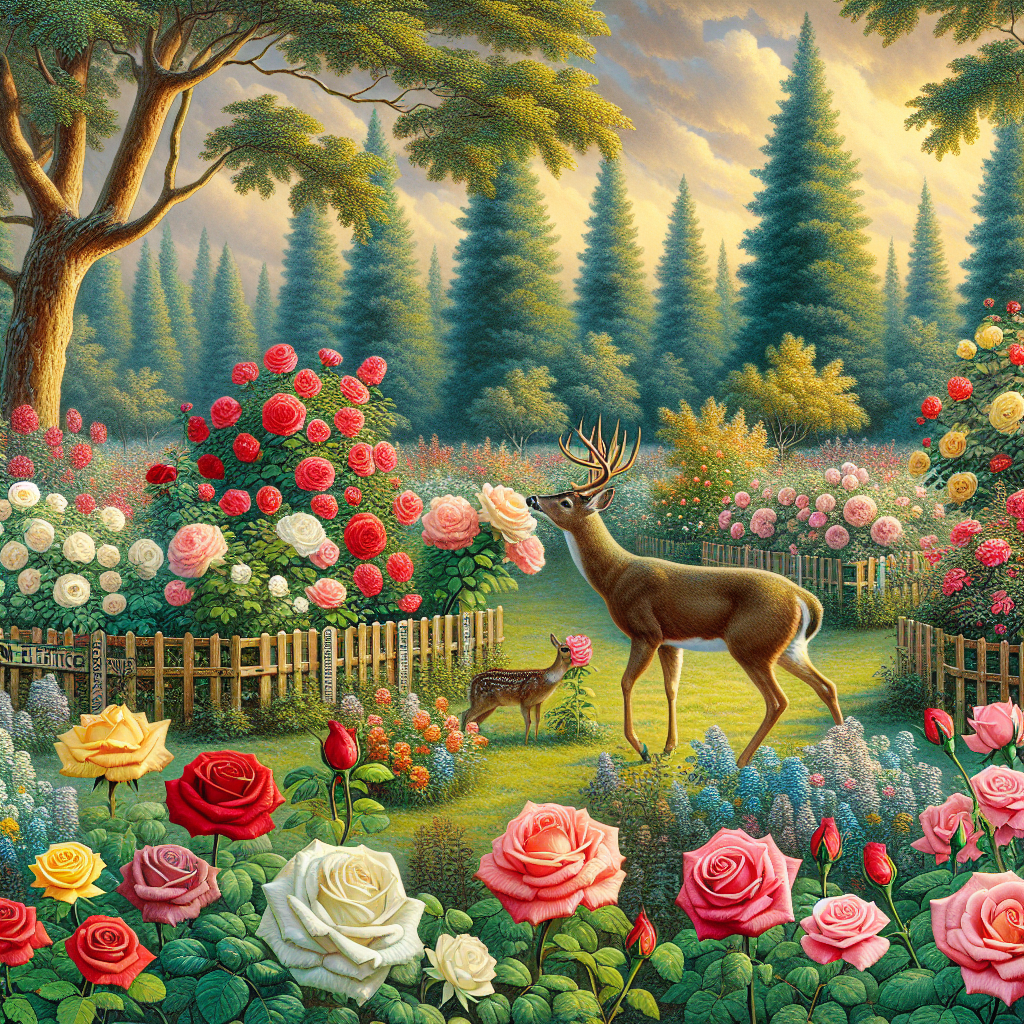 A scene where a flourishing rose garden is depicted. In the foreground, various vibrant shades of roses - red, white, pink, and yellow - are blooming. Near the rose bushes, a sprightly deer is attempting to reach for a rose but cannot due to a non-electric deer fence that is sturdy, yet inconspicuous to maintain the aesthetic appeal of the garden. The garden is surrounded by deciduous trees in the background under a clear, serene sky. There are no human figures, brand names, or text within this picturesque scene.