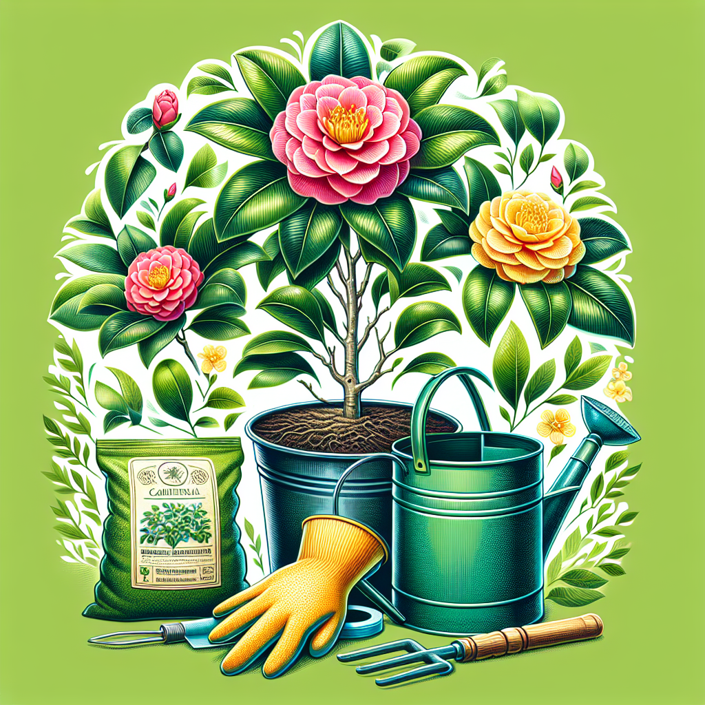 Generate an image which illustrates a beautiful blooming camellia plant in a vibrant, healthy green hue. There are no yellow leaves present, and the camellia is set in a lush garden background. Additionally, include a visualization of the necessary care tools like a watering can filled with water, a pair of gardening gloves, and a bag of organic fertiliser. Remember to not portray any human figures, text, brand names or logos within the image.
