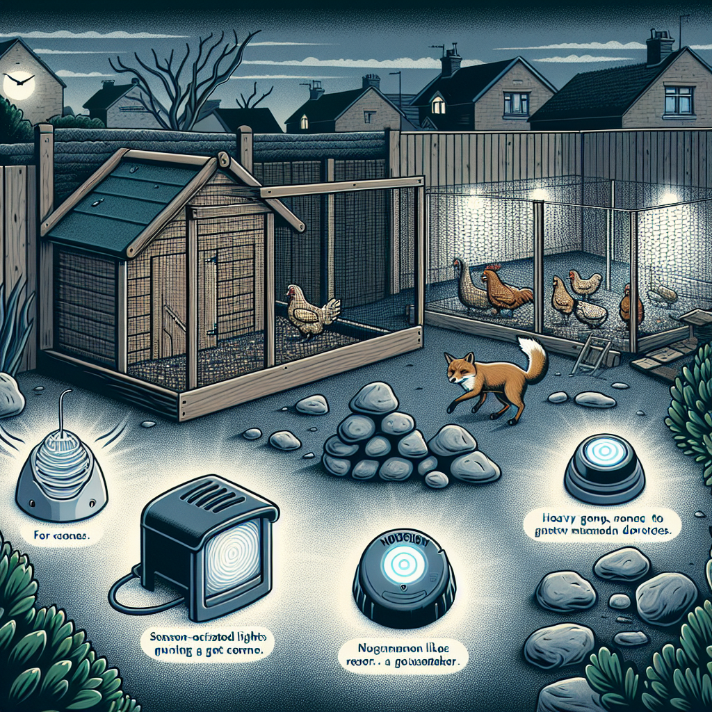 An illustration showcasing various methods to deter foxes from preying on backyard chickens. The scene unfolds in a suburban backyard, where a well-maintained chicken coop is secured with chicken wire and heavy stones at its base. Next to it, sprinkled around, are various non-branded devices like sensor-activated lights and a noisemaker. In the distance, a fox is seen, visibly deterred by these mechanisms, choosing to retreat rather than come closer. The night sky throws a pale glow over the surroundings, enhancing the effect of the sensor lights.