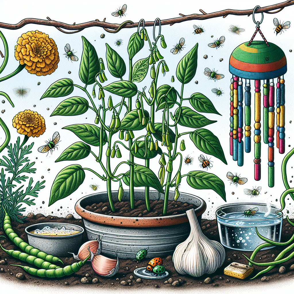 An organic, pest-free garden scene featuring green bean plants in soil. A few effective, non-chemical deterrents are seen nearby, such as marigold flowers, garlic bulbs, and a shallow dish of water with bits of soap. Also, there's a brightly colored, homemade wind chime hanging from a branch overhead, moving in the gentle breeze. Aphids are seen near the outer borders, seemingly repelled by these deterrents.