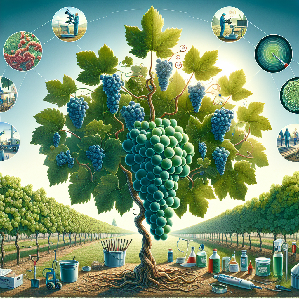 An image illustrating the concept of protecting vineyards from powdery mildew. The scene is set in a lush, well-maintained vineyard under the clear sky of midday. Centrally located in the setup is a large, healthy grape vine with radiant leaves and clusters of grapes. Show close-ups of the grapes themselves, free from any powdery mildew traces. Surrounding the vine, we see various implements commonly used in disease prevention and vine care, such as organic sprays, farm tools, and a microscope showing a slide of powdery mildew fungus to represent its microscopic identification. No text, brand names, logos, or people are in the image.