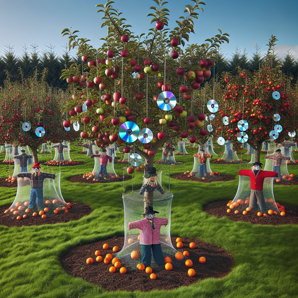 An image showcasing several fruit trees interspersed with safe bird deterrent methods. A few of the trees, heavy with glossy red apples and vibrant oranges, are draped in protective nettings, while others have strategically placed shiny CD discs hanging from the branches, glinting in the sunlight. Several scarecrows with colorful clothes and friendly faces are scattered around the orchard, flapping in the wind. The sky above is clear blue and the ground is carpeted in fresh, richly green grass. Absolutely no people, text, logos, or brand names are in the scene.