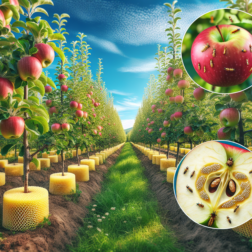 A picturesque apple orchard under a clear blue sky. Matured apple trees, full of lush ripe apples, are arranged in neat rows. There are strategically placed yellow sticky spheres throughout the orchard, intended as traps for apple maggot flies. Close-up, one of these spheres is seen to be speckled with trapped flies. Another part of the image shows a cross-section of an apple with tiny white larvae, indicative of maggot infestation. The ground is covered with fallen apples, a common breeding place for these pests. None of these elements have any text, logos, or brand names on them.