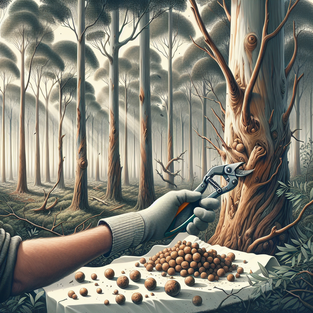 An image representing the combating of galls on eucalyptus trees. To illustrate this process, show a pair of gloved hands using a pair of sharp pruning shears to clip off a gall-infected branch of a eucalyptus tree. Surrounding the tree, show other healthy eucalyptus trees standing tall in the lightly dappled sunlight of the forest. In the foreground, lay a neat pile of removed galls on a cloth on the forest floor. Make sure there are no people, text, or brand names visible anywhere in the image.