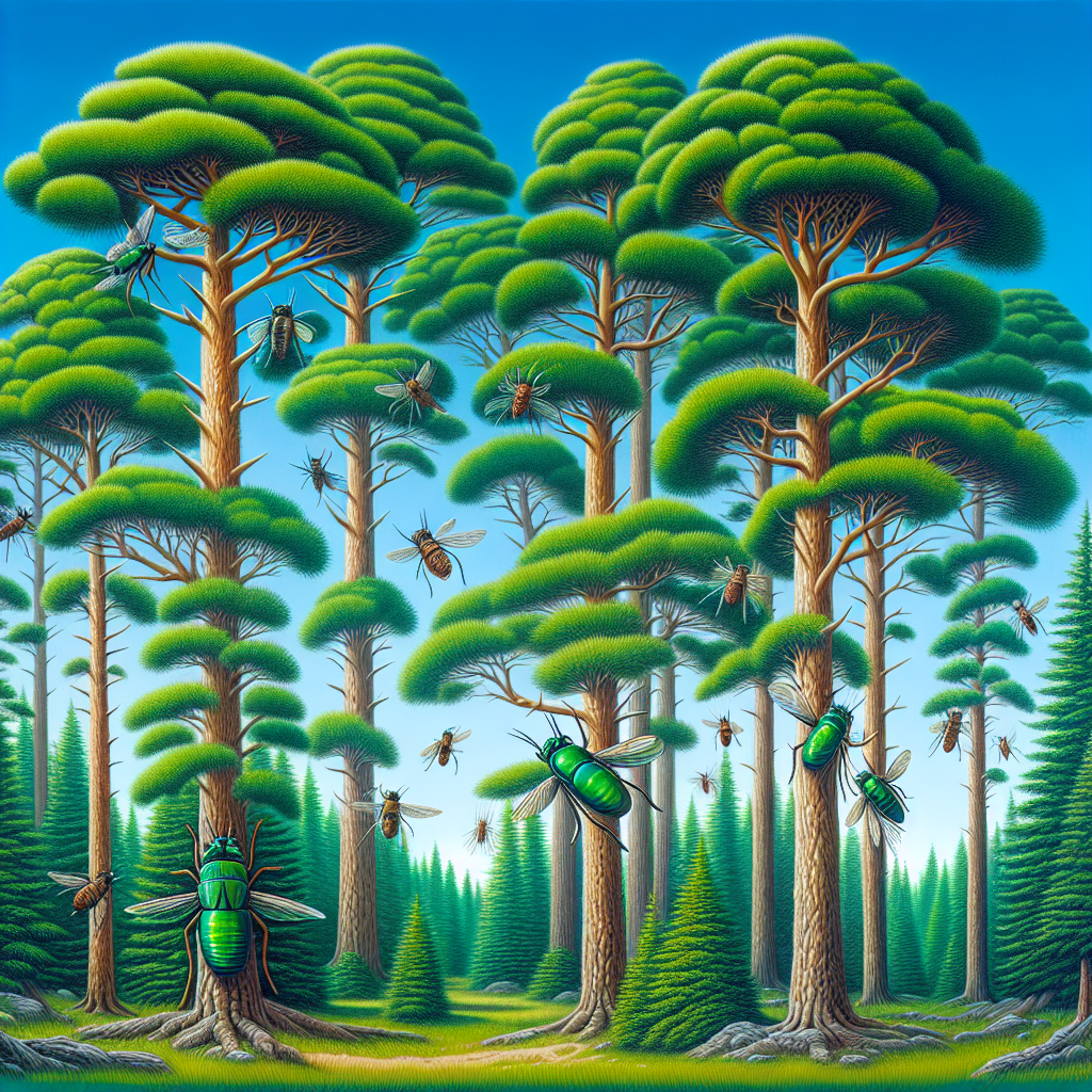 A vivid, detailed representation of a lush, green pine forest under a clear blue sky. The sturdy pine trees stand tall, their branches heavily laden with clusters of green pine needles. Intermingled within the serene scene, several pine sawflies are found, painted in organic colors to blend with the natural surroundings. The flies are illustrated on the verge of attacking the pine trees. An invisible barrier symbolizes protection, depicted as a shimmer that wraps around the trees. There is an absence of human presence and brands within the forest, maintaining a pure, untouched natural environment.