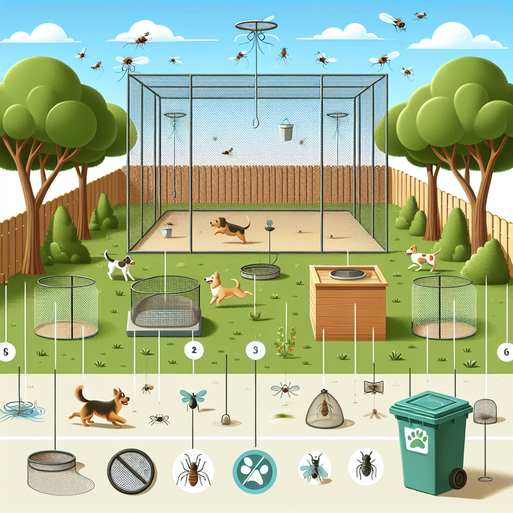 An illustrative image for the concept of preventing flies from infesting dog runs. The image portrays a clean, well-maintained dog run with different elements indicating prevention techniques. There are fly traps hanging around the area, a small bin with a tight lid for waste disposal, and natural plants known to repel flies. It's a sunny day with blue sky, alongside healthy looking trees surrounding the run, and playful dogs of different breeds romping around the clear area. The image is free of people, text, brand names, and logos.