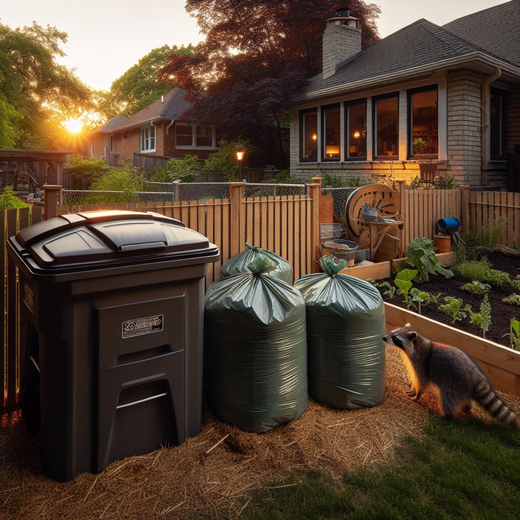 A suburban backyard at dusk, bathed in the soft glow of the setting sun. There is a sealed, bear-resistant compost bin and a similarly secure garbage can, both free of any logos or brand names. The unopened trash bags are piled neatly next to them. The area surrounds with a protective garden fence. A raccoon inquisitively noses towards the bins but is hesitant to approach due to the defensive measures. Nearby, there's a peaceful vegetable garden thriving with the absence of the usual nightly visitors.