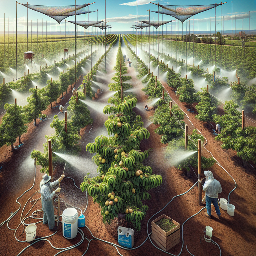 An expansive pear orchard full of lush, healthy trees under a clear blue sky. Among the trees, one can see mesh-like structures providing biological protection, and sprinklers providing moisture to prevent the spread of fire blight. The ground is covered with a layer of mulch to suppress the disease. A close-up shows a pear tree branch being pruned with sterilized tools, and a protective coating sealant being applied to the cuts. Throughout the orchard, bird feeders and houses are installed to attract birds that naturally control pests, contributing to the health of the trees.