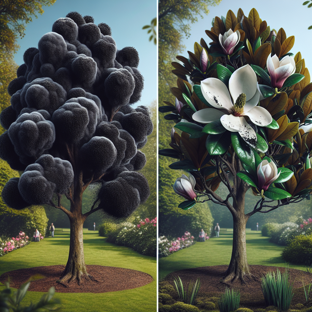 An image showing a realistic magnolia tree affected by sooty mold which is a black, gritty substance on the tree's surface. The mold has a dense, fuzzy texture, and is concentrated primarily on the leaves. Next to it, there's another magnolia tree devoid of sooty mold, showcasing its pristine state. Include a close-up view of a few magnolia flowers in the near background. The environment surrounding the trees is a lush, green garden without any individuals or text on objects. The sky overhead is clear and blue, making the discolored tree stand out more against the perfectly healthy one.