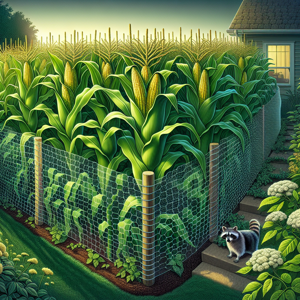 A detailed illustration of a lush, green home garden teeming with thick stalks of sweet corn. The corn is vibrant, each kernel plump and juicy, inviting under the gentle sunlight. The garden is enclosed by a sturdy, cleverly designed protective barrier, which includes a layer of smooth wire fencing and chicken wire that discourages climbing, a feature specifically designed to thwart raccoons. However, the barrier is still appealing, covered in blooming vines to keep the natural aesthetic. In the distance, you can see the silhouette of a raccoon looking curiously, yet unable to breach the garden's defenses.