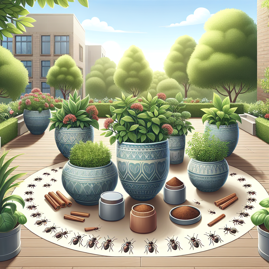 An illustrative representation showing an outdoor garden with large, decorative planters spread evenly around the space. Each planter is abundant with vibrant, healthy plants. Around the base of each planter are some natural deterrents to ants such as cinnamon sticks and coffee grounds. There are no people, text, brand names, or logos in the image. The environment is sunny and serene, depicting a well-maintained garden where methods for keeping planters ant-free are diligently applied.