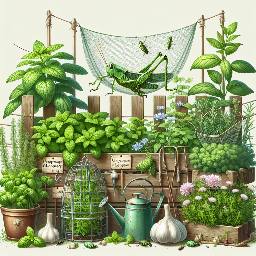 An image showing a close-up view of lush, green herb plants such as mint, basil, parsley, and rosemary. Nearby but not on the herb plants, several grasshoppers rest on a wooden fence. Protection methods including hanging garlic cloves and a small watering can with chrysanthemum tea are present. Nettings draped over wooden frames are positioned as barriers between the grasshoppers and the herb garden. Do note no humans, brand names, logos, or text are present within the scene.