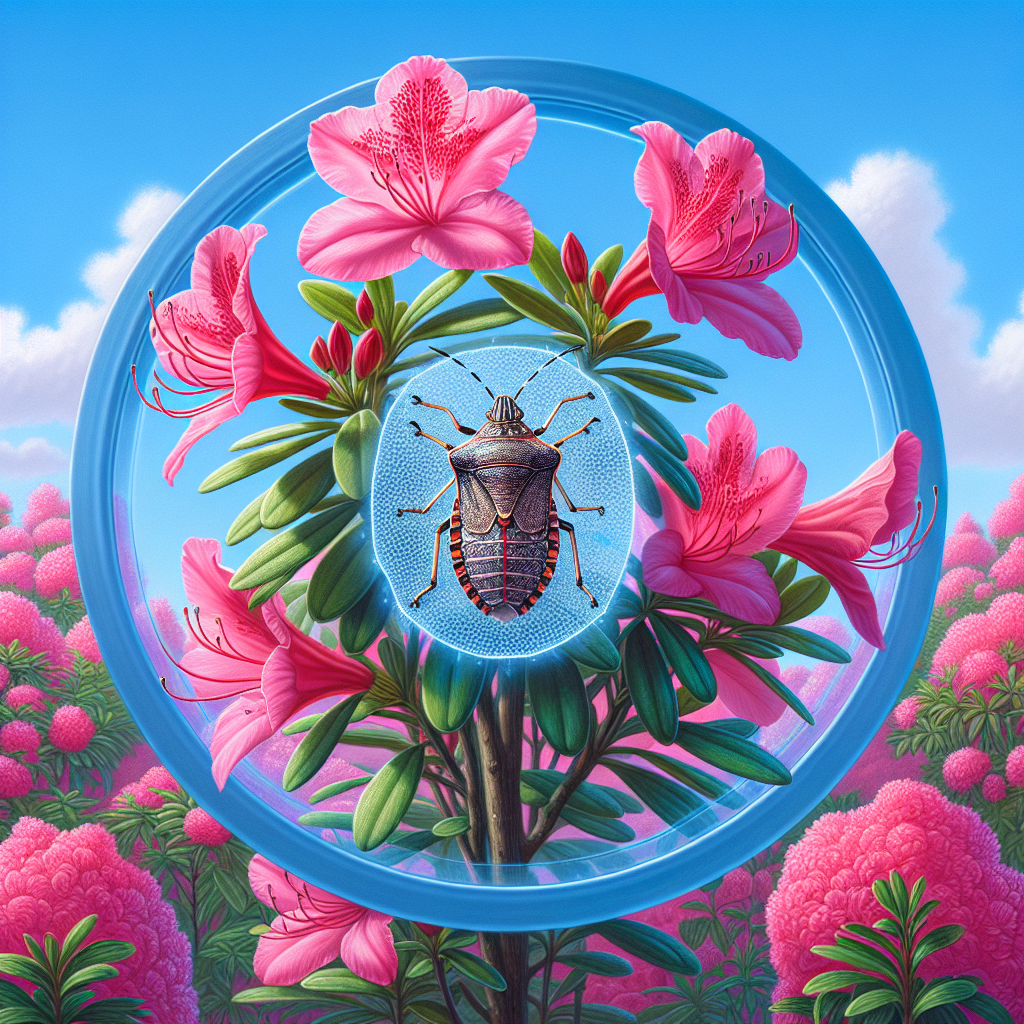 A detailed depiction of a healthy azalea bush with vibrant pink flowers, under a bright blue sky. A magnified image of a lace bug is shown halted by a protective barrier around the bush. The protective barrier appears to be made of organic matter and gives off an aura that suggests it's not harmful to the plant or environment. The barrier looks durable, stopping the lace bug from inflicting damage on the glowing azalea bush.