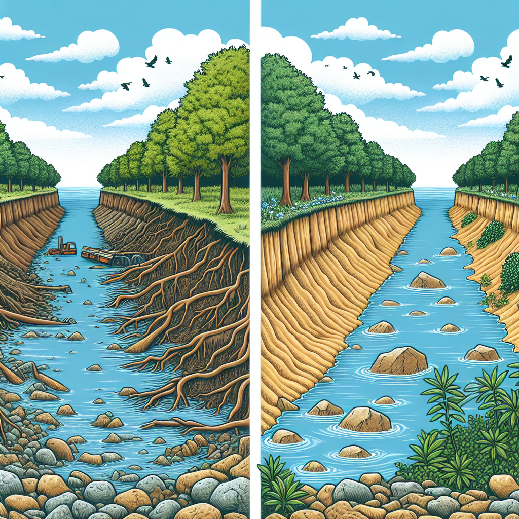Illustrate the concept of preventing soil erosion around the banks of a river. Display a clear-before-and-after contrast with one side showing heavily eroded, barren river banks and the other side displaying techniques used to prevent erosion such as planting deep-rooted riverbank plants and the usage of rocks or geotextiles. Remember not to include any text, brand names, logos, or people within the scene.