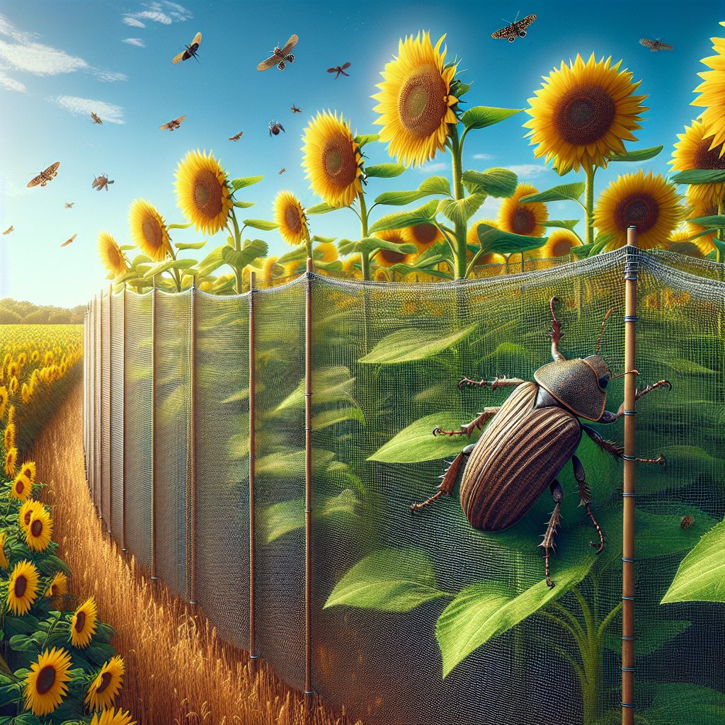 An image showcasing a lush field of tall, vibrant yellow sunflowers under a bright blue sky. In the foreground, a well-constructed protective barrier that appears to be made of a fine mesh material encircles a group of sunflowers, effectively protecting them from any insect attack. On the outside of the fenced area, a sunflower beetle can be seen, its dark brown exoskeleton clearly standing out. The beetle seems to be attempting to penetrate the barrier, illustrating its effectiveness. No brands, logos, texts on items, or humans are depicted in this serene, pastoral scene.