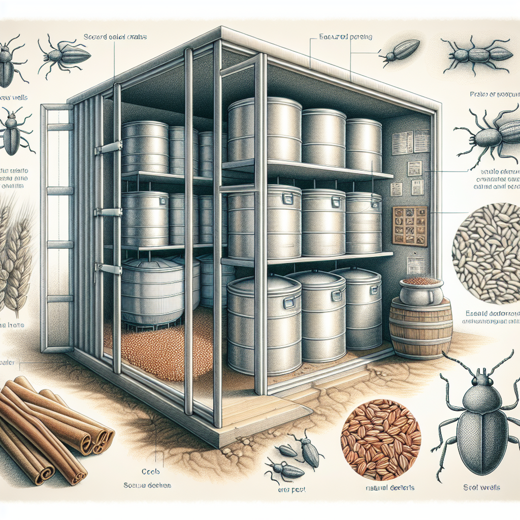A detailed illustration of a secure storage room specifically designed for grains. The room is free from cracks or holes and features secure doors and windows, ensuring that weevils can't penetrate the storage area. Within the room, multiple large sealed containers filled with various types of grains such as wheat, corn, and rice are visible. The room atmosphere feels cool and dry. Also, portray an array of natural deterrents alongside the grain containers like cinnamon sticks and cloves. Outside the room are diagrams of weevils, symbolizing the pest that the storage system is designed to keep out.