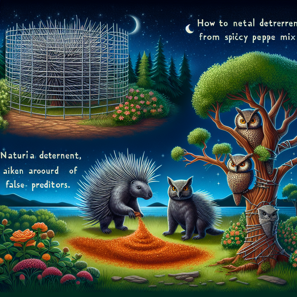 An illustration depicting a variety of techniques to deter porcupines from tree bark. The first technique shows a tree wrapped in a metal wire mesh, creating a protective barrier. The second technique illustrates a natural deterrent, such as a spicy pepper mix, placed around the base of a tree. Lastly, a third technique includes a visual of an owl sculpture set on a branch, portraying the use of false predators. The background consists of a peaceful night sky, while the foreground is enriched by green grass and an array of flowers.