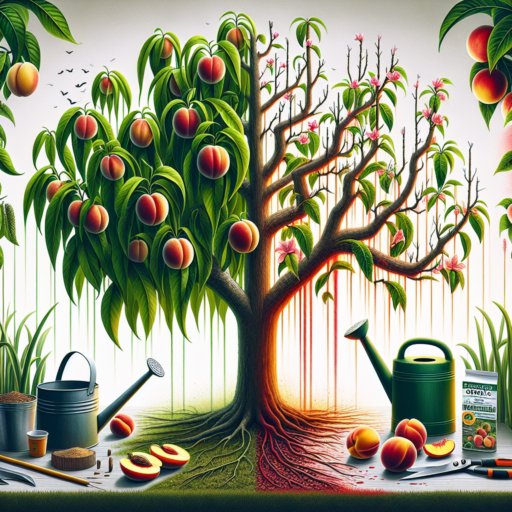 A detailed, text-free visualization that represents the process of preventing leaf curl on peach trees. The scene displays a healthy, fully blossomed peach tree on the right, with vibrant green leaves and juicy peaches hanging from its branches. On the left, another peach tree is depicted, its leaves showing clear signs of curling. Streaks of red and orange suggest an unhealthy state. In the center, tools typically used for gardening are displayed: a watering can, organic fertilizer, and pruning shears, not to be associated with any brands or logos.