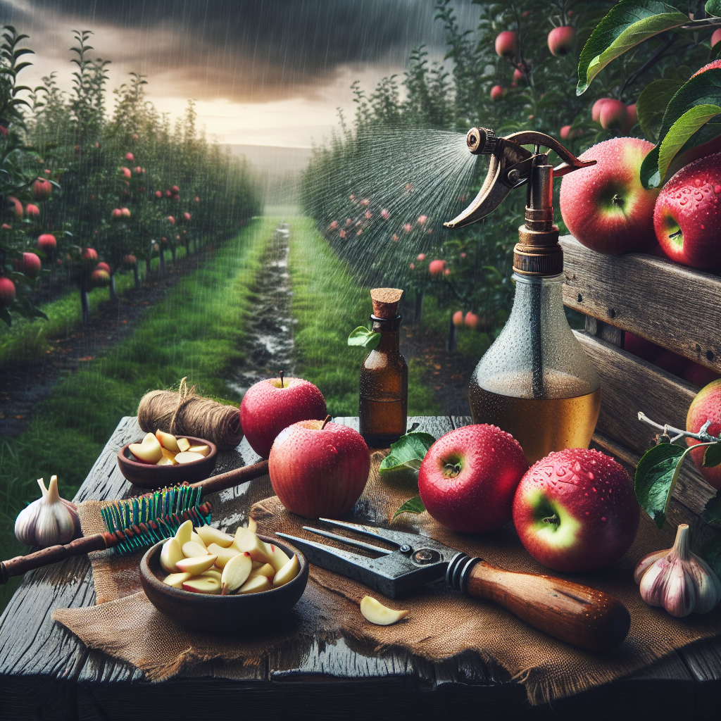 An image that captures the essence of preventing apple scab in wet seasons. The scene includes damp apple orchards under an overcast sky. The rain starts to fall gently on the shiny red apples. Close up, we can see various tools and natural remedies laid on a nearby wooden table that are commonly used in the prevention of apple scab. These tools include a rustic sprinkler, a spray bottle filled with a home-prepared solution, and a bowl filled with peeled garlic cloves - an organic antifungal. The focus is on the healthy, vibrant apples on the tree, showing effective prevention measures.
