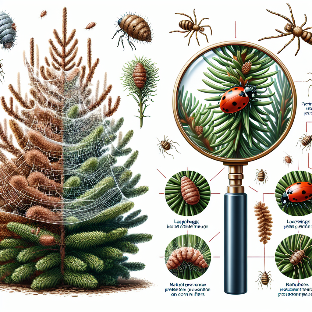 An illustration depicting the problem of spider mite infestations on conifers. On one half of the image, show conifers covered with rolls of spider mites' webs, their foliage drying and turning brown. On the other half, show a close-up of a conifer branch under a magnifying glass, revealing tiny spider mites crawling on the needles. Display different natural prevention methods around, such as ladybugs and lacewings known for feeding on spider mites. No humans, no text, and no brand names should be in the image.