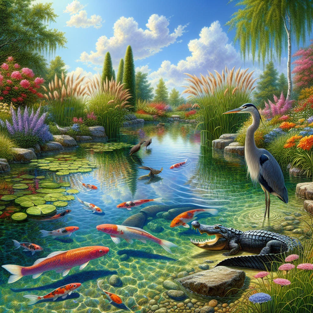 A serene image of a beautiful garden fish pond. Clear water ripples gently over colorful koi fish swimming calmly. Tall grasses and blooming flowers surround the pond, offering a rich, vibrant burst of colors. Near the pond, a decoy alligator is there, floating leisurely as a deterrent to herons. In the distance, there's a subtle outline of a heron sitting on a tree branch a fair distance away, observing the pond with a wary glance towards the alligator decoy. Lastly, the sky above the scene is a bright, cheerful azure, spotted with fluffy trails of white clouds.